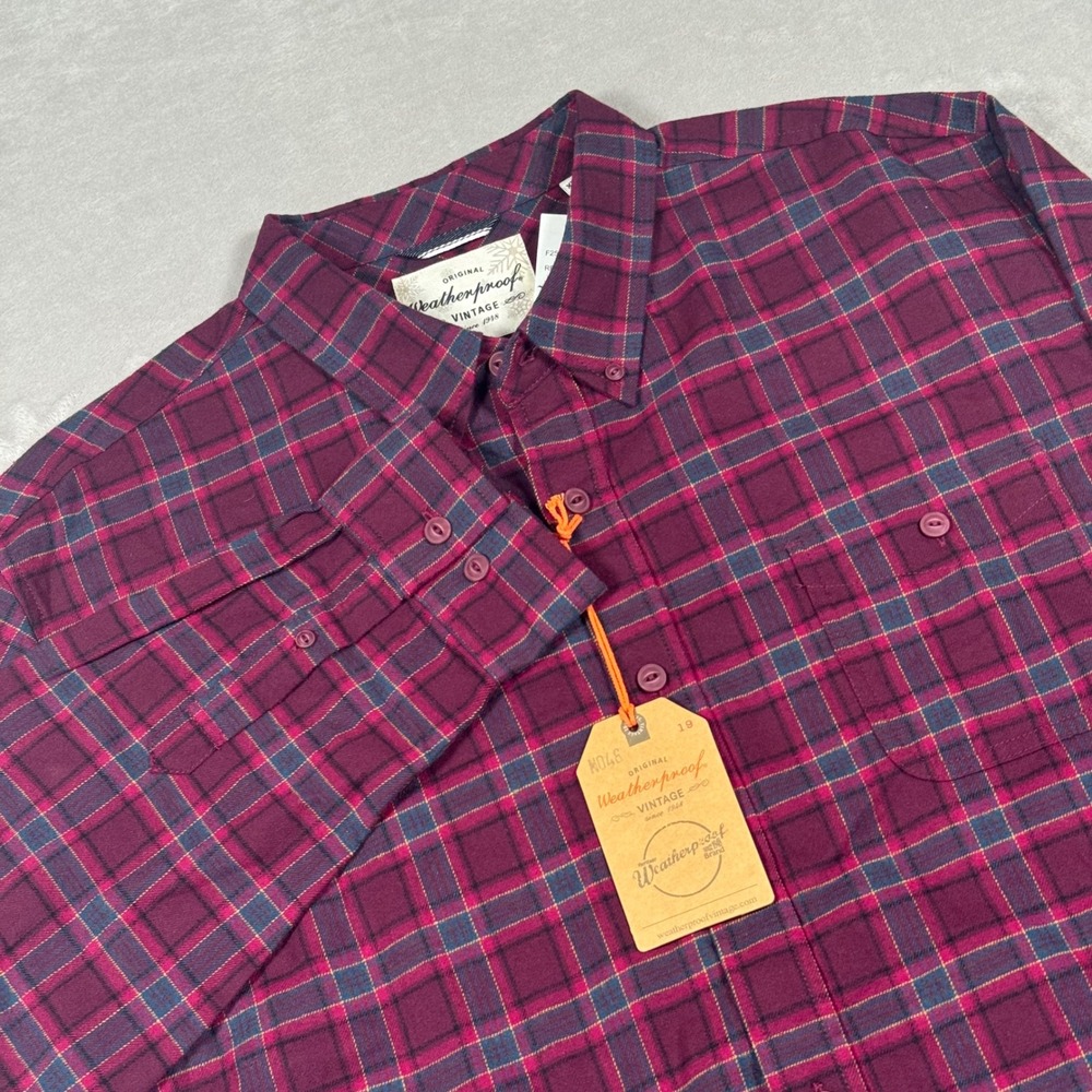 Weatherproof Vintage Button Down Shirt Mens XXL Red Plum Holiday Tartan Plaid